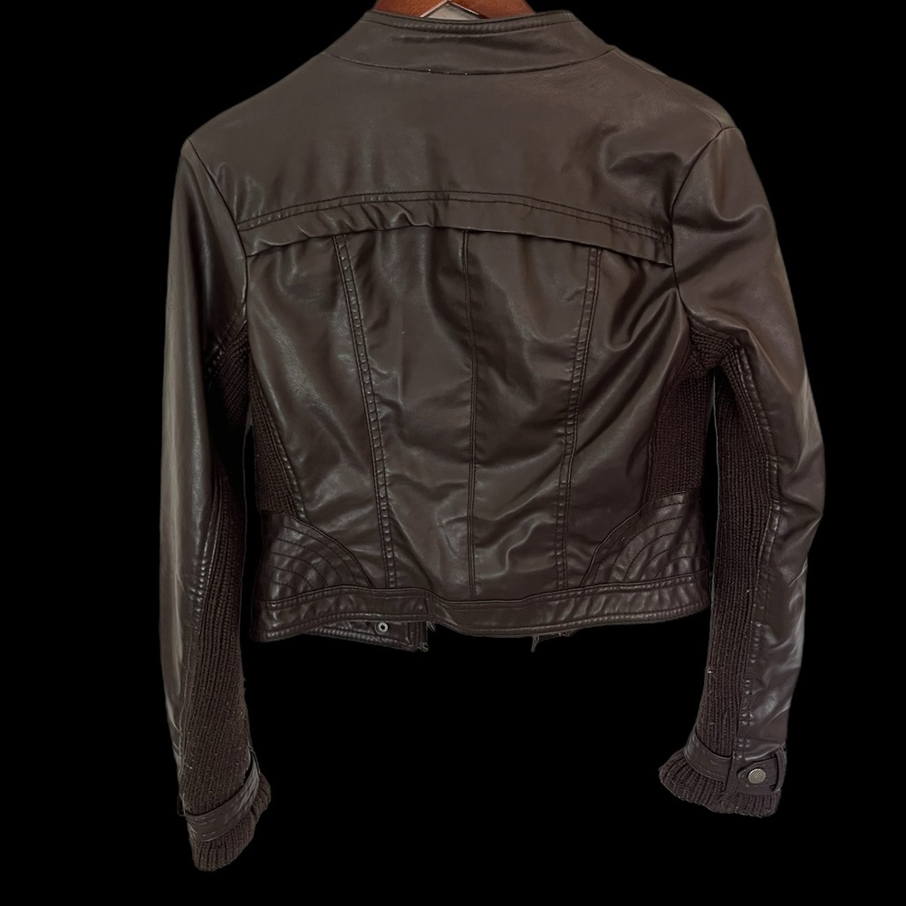 Brown faux leather jacket with knitted sleeves